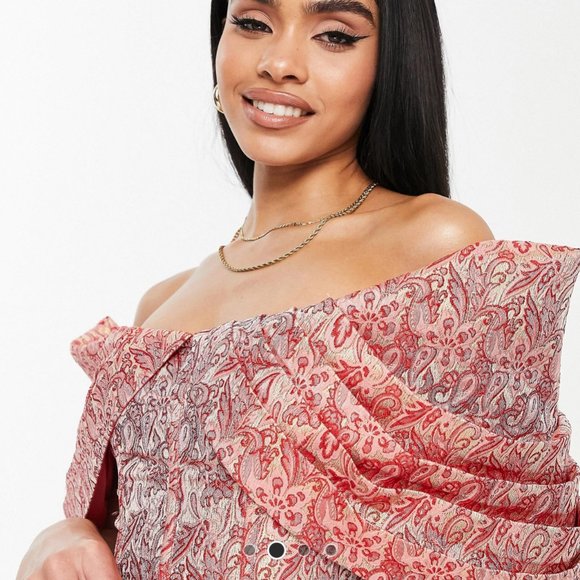 NEW w/ TAGS ASOS LUXE Pleated Bardot Jacquard Mini dress in Paisley Print - Picture 4 of 7